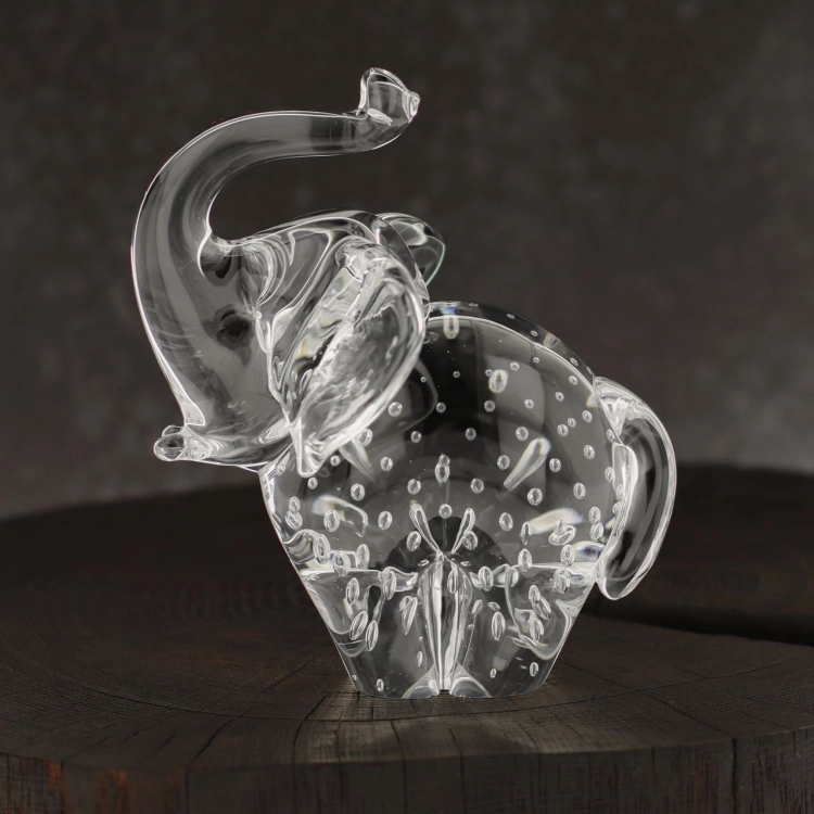 Szklana rzeźba Słoń z uniesioną trąbą ~13cm - Bezbarwny + Pladry | HUTA SABINA