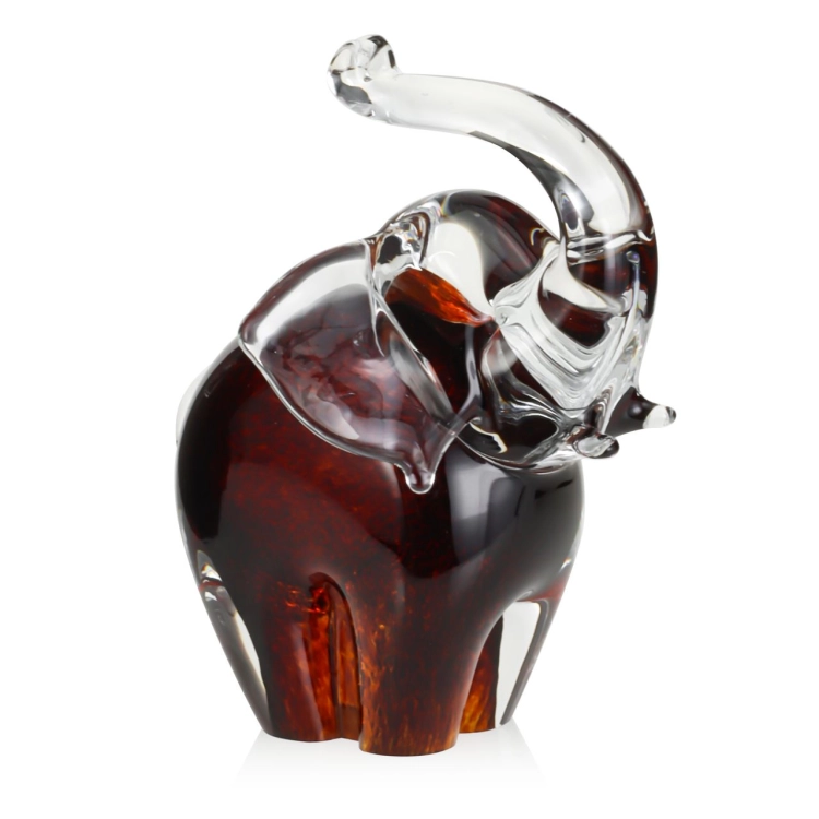 Szklana rzeźba Słoń z uniesioną trąbą ~14cm - Kolor Brązowy | HUTA SABINA