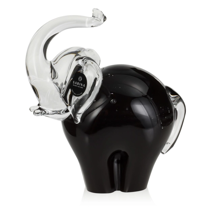 Szklana rzeźba Słoń z uniesioną trąbą ~15cm - Kolor Czarny + Soda | HUTA SABINA