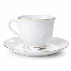 Filiżanka + spodek ĆMIELÓW Rococo 250ml Złota linia Biała Porcelana
