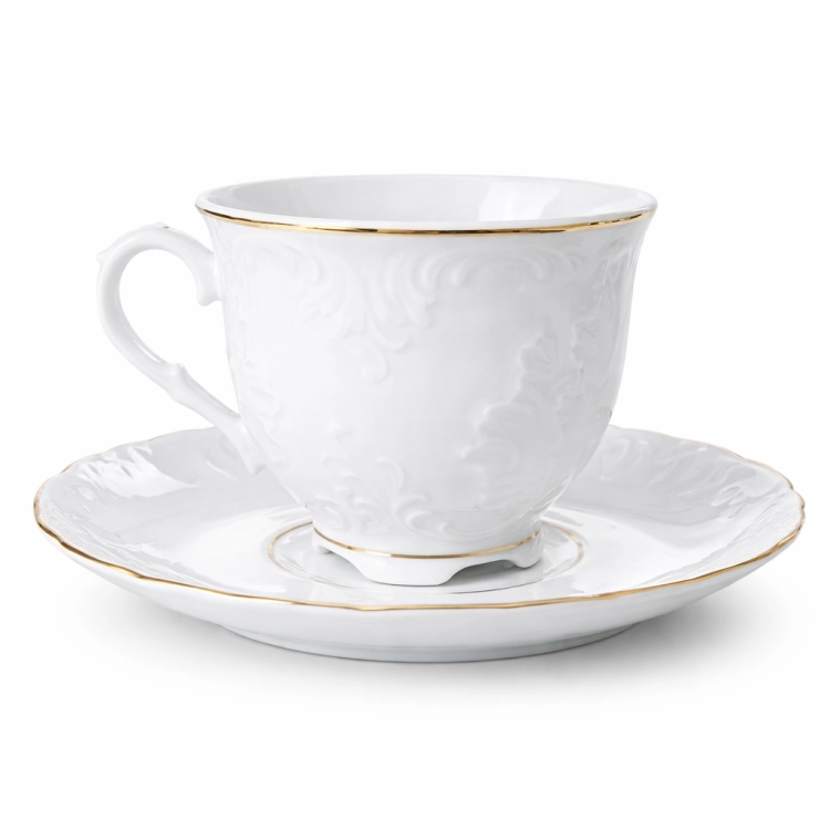 Filiżanka + spodek ĆMIELÓW Rococo 250ml Złota linia Biała Porcelana