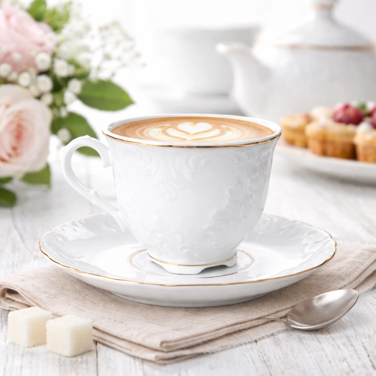 Filiżanka + spodek ĆMIELÓW Rococo 250ml Złota linia Biała Porcelana