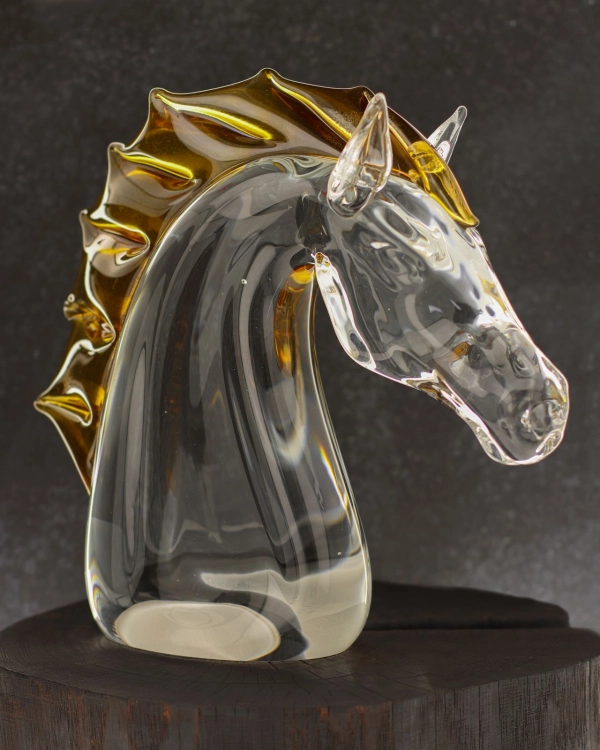 Szklana rzeźba Głowa konia bezbarwna + grzywa w kolorze | HUTA SABINA