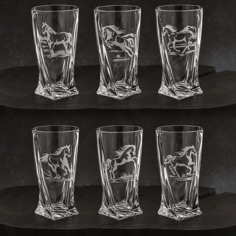 Szklanki kryształowe skręcane long drink Konie 350 ml (Quadro) | 6 szt.