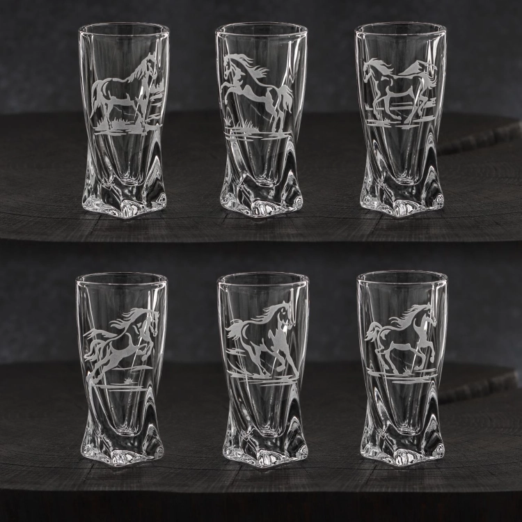 Kieliszki kryształowe skręcane do wódki Konie 50 ml (Quadro) | 6 szt.