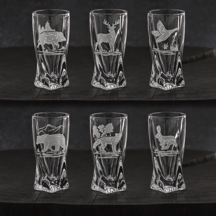Kieliszki kryształowe skręcane do wódki Myśliwskie 50 ml (Quadro) | 6 szt.
