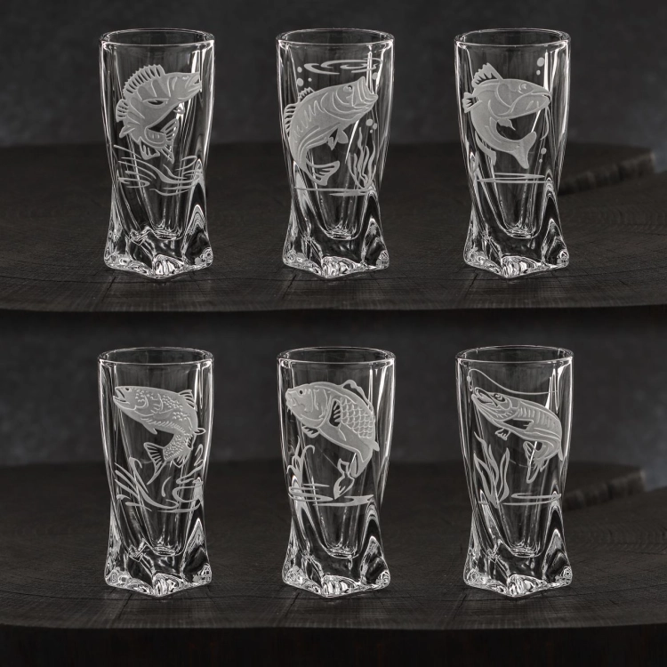 Kieliszki kryształowe skręcane do wódki Wędkarskie 50 ml (Quadro) | 6 szt.