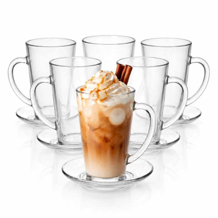 Komplet szklanek kubków do kawy latte Iwo 300 ml + 6 spodków