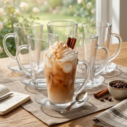 Komplet szklanek kubków do kawy latte Iwo 300 ml + 6 spodków