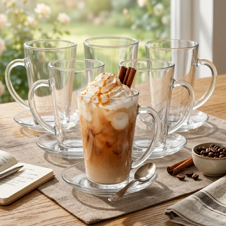 Komplet szklanek kubków do kawy latte Iwo 300 ml + 6 spodków
