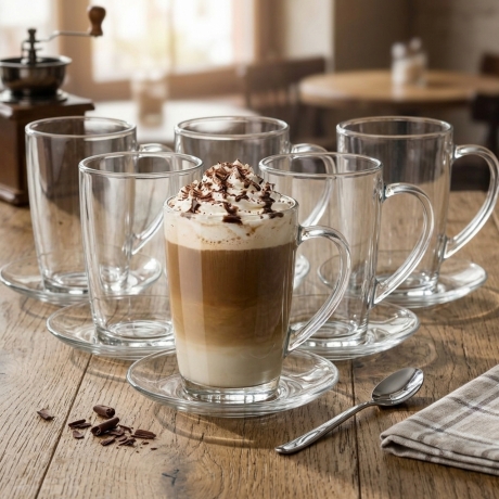 Przejdź do produktu Komplet szklanki do kawy latte herbaty Ala 300ml + 6 spodków