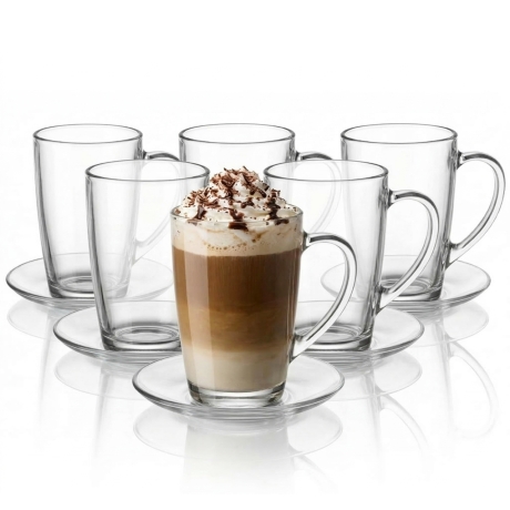 Przejdź do produktu Komplet szklanki do kawy latte herbaty Ala 300ml + 6 spodków