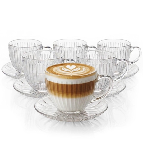 Przejdź do produktu DUŻE filiżanki szklane 460 ml ze spodkami ⌀ 15 cm Altom Design VENUS  – komplet 6 szt. (12 elementów)