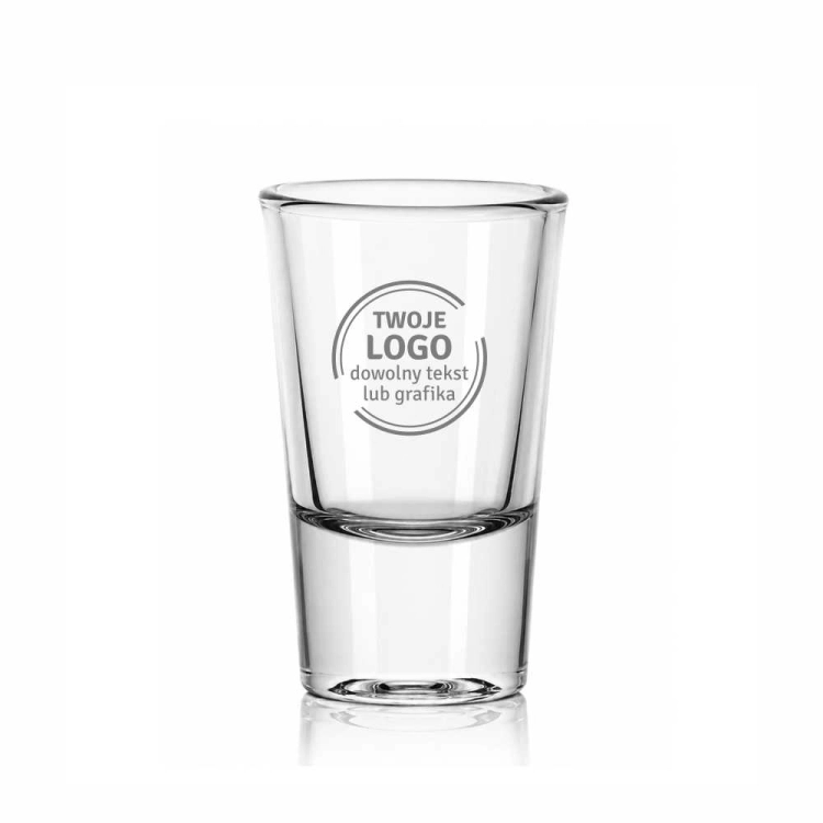 Kieliszki do wódki klasyczne SKOŚNE z grawerem logo firmy | Trend Glass ROY Shot 28ml | 6 szt.