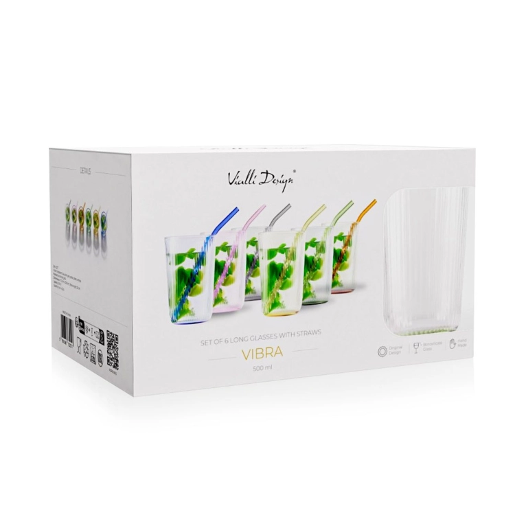 Szklanki ryflowane ze słomkami do napojów long drink Vialli Design VIBRA 500ml | Kolorowe DNA | MIX | 12 el.