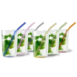 Szklanki ryflowane ze słomkami do napojów long drink Vialli Design VIBRA 500ml | Kolorowe DNA | MIX | 12 el.