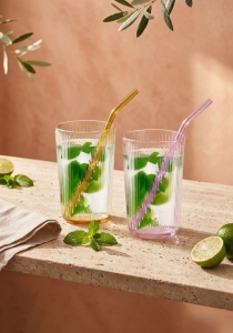 Szklanki ryflowane ze słomkami do napojów long drink Vialli Design VIBRA 500ml | Kolorowe DNA | MIX | 12 el.