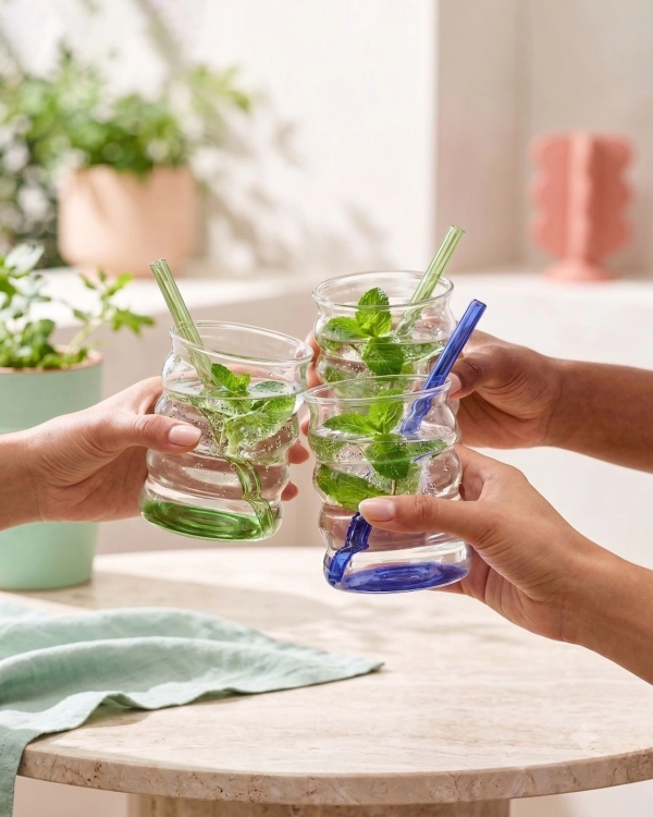 Szklanki typu "Bubble" ze słomkami do matchy napojów drinków Vialli Design VOLO 350ml | Kolorowe DNA | MIX | 12 el.