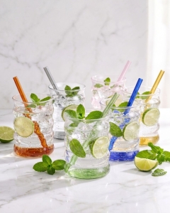 Szklanki typu "Bubble" ze słomkami do matchy napojów drinków Vialli Design VOLO 350ml | Kolorowe DNA | MIX | 12 el.