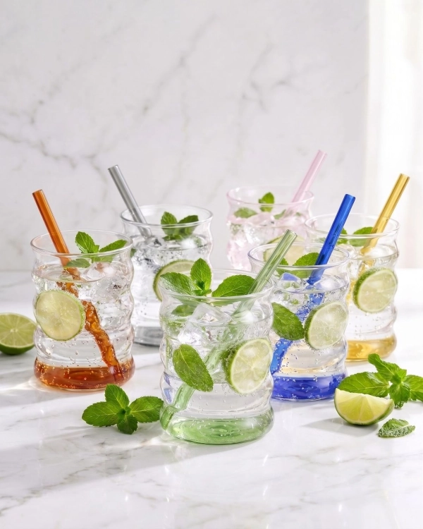 Szklanki typu "Bubble" ze słomkami do matchy napojów drinków Vialli Design VOLO 350ml | Kolorowe DNA | MIX | 12 el.