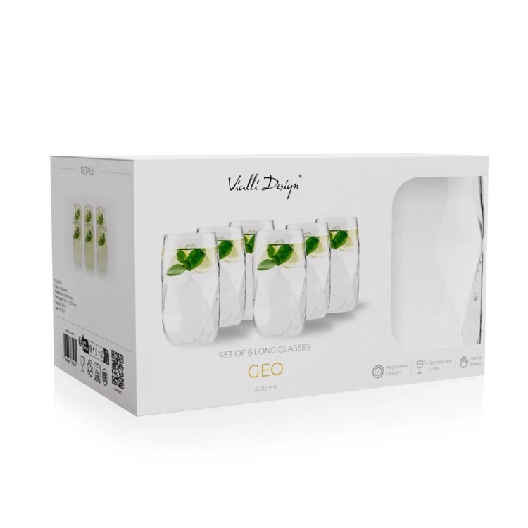 Szklanki wysokie do kawy latte, herbaty, napojów, soków, drinków Vialli Design GEO 400ml | 6 szt