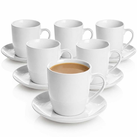 Przejdź do produktu Ceramiczne KUBKI 300 ml ze spodkami ⌀ 15 cm do kawy herbaty | BRUNO | komplet 6 szt. (12 elementów)