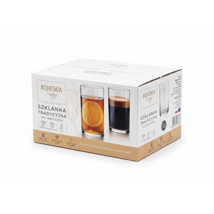 BOHEMIA PRESTIGE szklanki proste tradycyjne ze szkła kryształowego 250ml | 6 szt